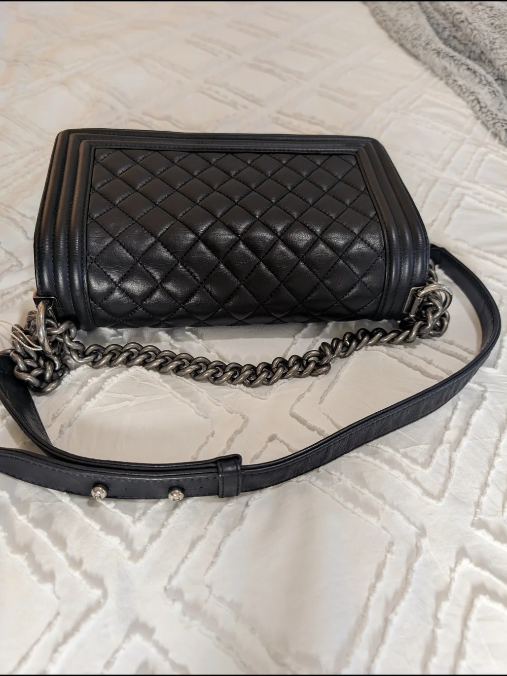 Chanel Black Quilted Leather Boy Bag with Chain Strap